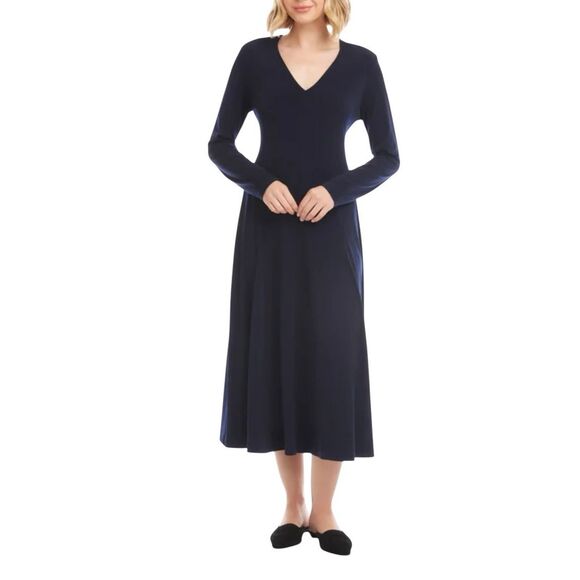 NWOT Karen Kane Kate V-Neck Travel Long Sleeve Midi Navy Blue Dress Women's M - Picture 1 of 11